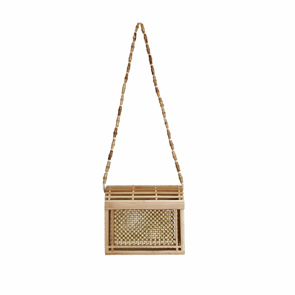 Square Bamboo Bag Summer Hollow Bamboo Beach Bag Fashion Messenger Bag Hand-woven Straw Shoulder Bag - Khaki
