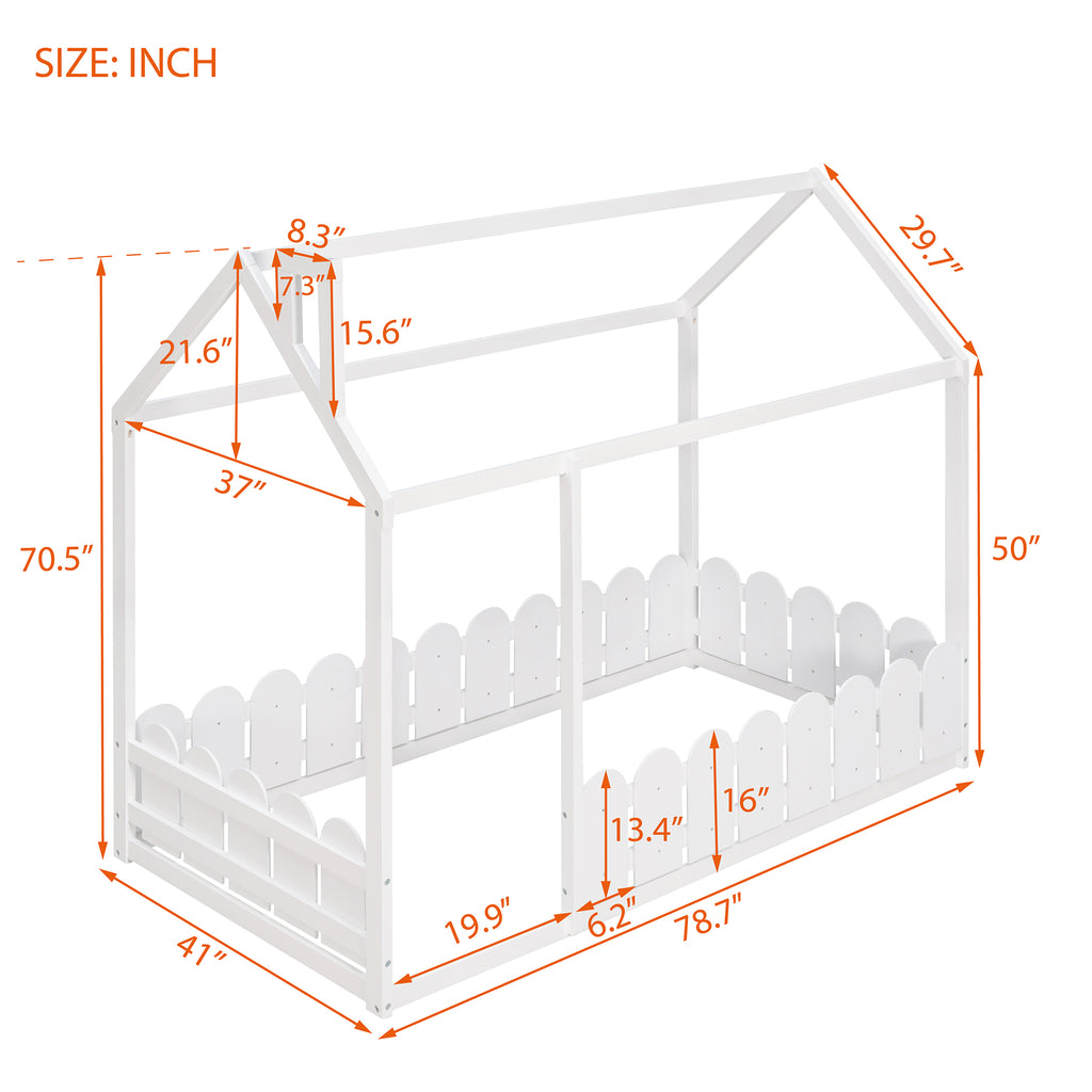 {Slats are not included}Twin Size Wood Bed House Bed Frame with Fence for KidsTeens Girls Boys {White}