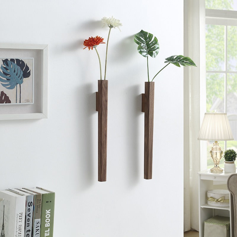 Creative Nordic light luxury solid wood foyer with wooden vase, wall decoration for living room, hanging Japanese walnut flower ware on the wall