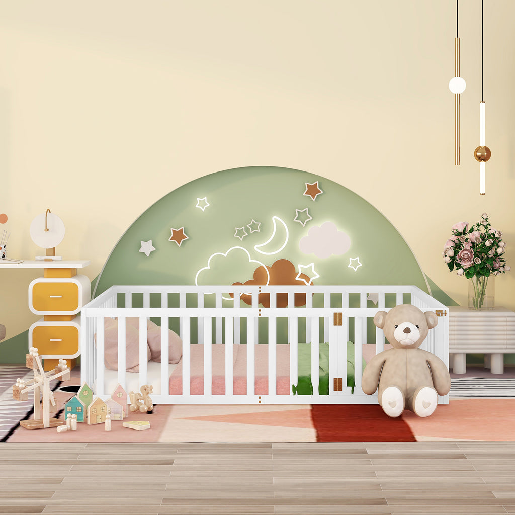 Queen Size Wood Floor Bed Frame with Fence and Door White(OLD SKU:WF289663AAK) - White + Solid Wood + Queen