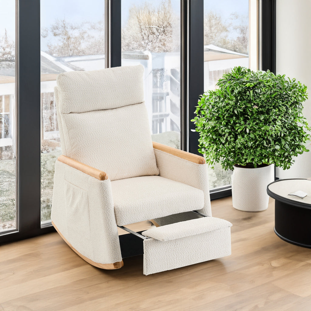 Accent Rocking Chair with Footrest High Back Rubber Wood Rocking Legs Bedroom Living Space 38.6D X 26.8W X 40.6H Inch - Beige + Wood
