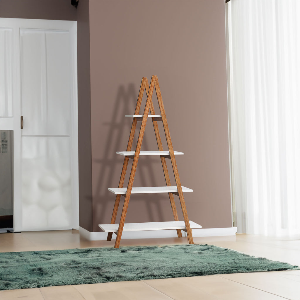 Solid bamboo wood oxford â€œAâ€frame ladder display bookshelf - White + MDF