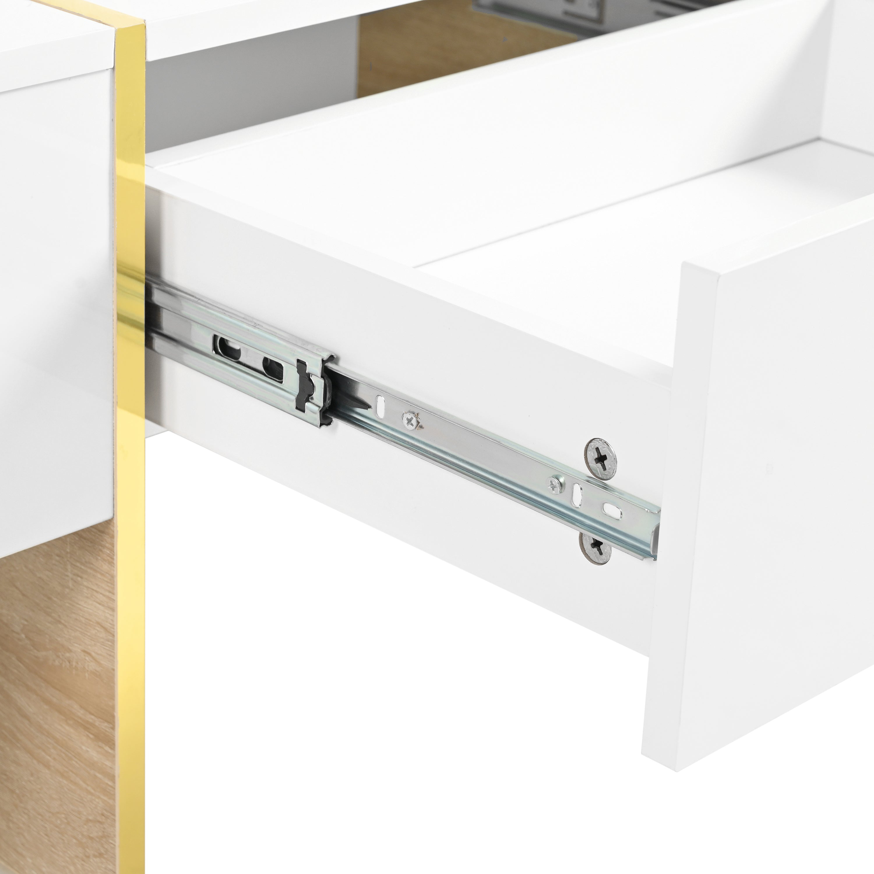 ON-TRANS 47.2 inch x 31.4 inch multifunctional rectangular sofa table with 2 drawers and gold wood grain leg center table, white - White + Particle Board+MDF