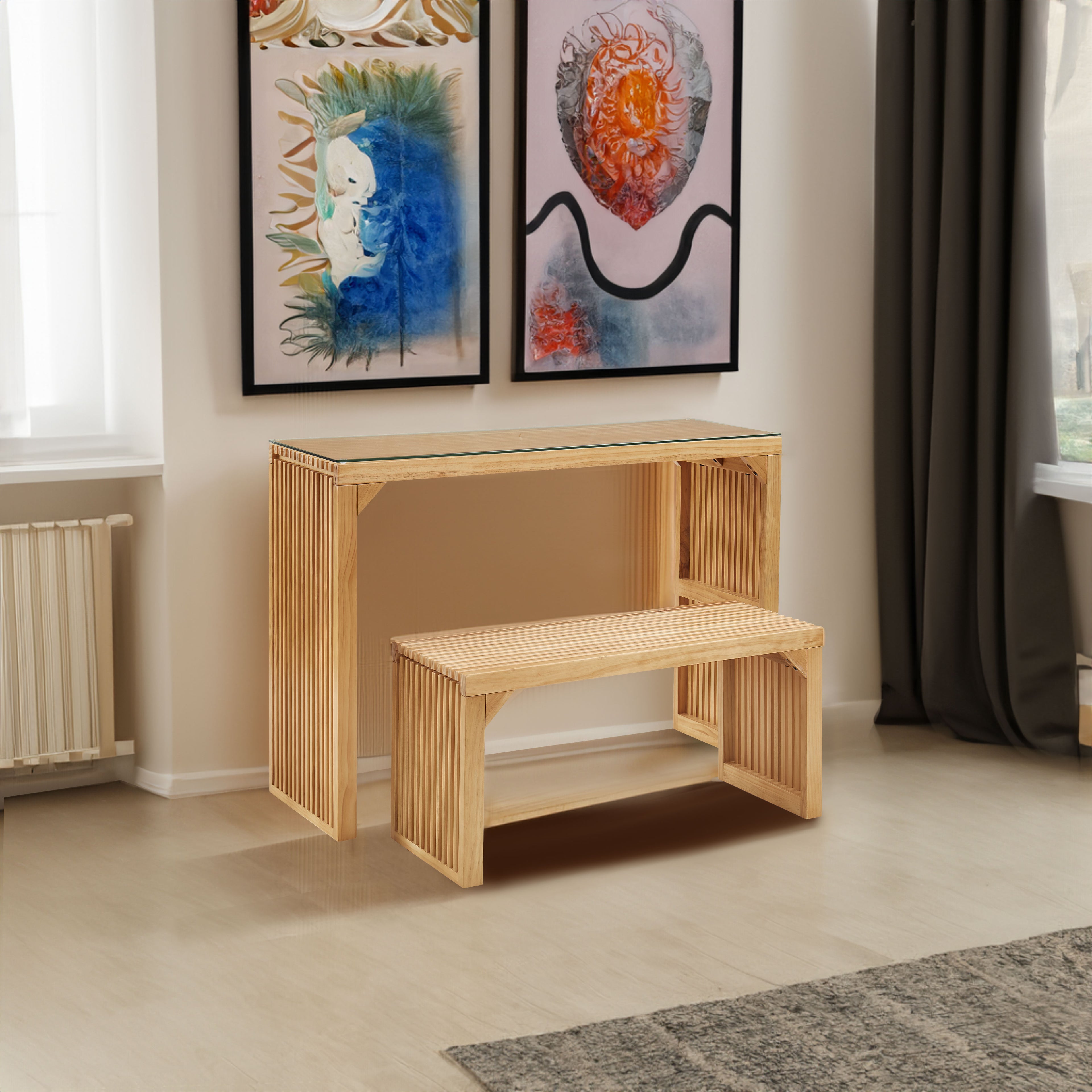 Dining Bench and Table, Pine Indoor Wood Bench for Entryway,Living Room,Kitchen and Bedroom Table (Nature, Long Bench & Table) - Natural