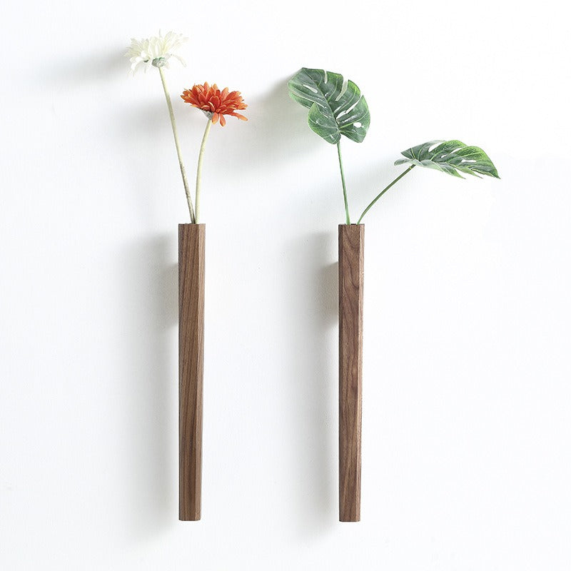 Creative Nordic light luxury solid wood foyer with wooden vase, wall decoration for living room, hanging Japanese walnut flower ware on the wall - beech