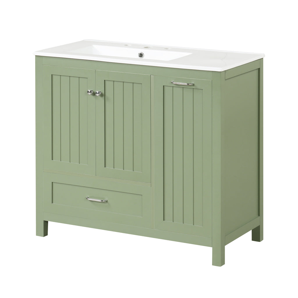 36 inch bathroom vanity with sink, one double door cabinet one large drawer and one flip drawer solid wood and MDF board, green
