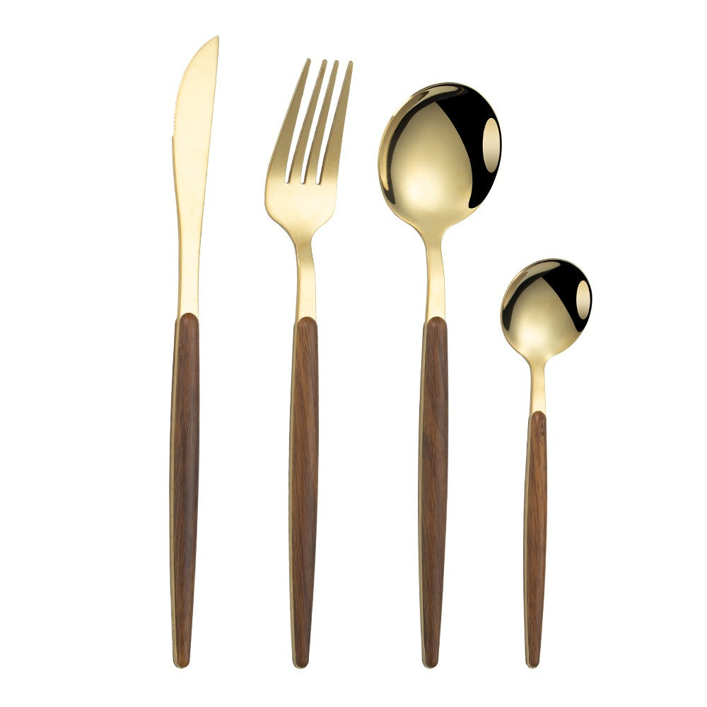 Stainless Steel Imitation Wooden Handle Knife, Fork, Spoon, Clamp Handle, Spoon, Portuguese Vintage Wood Grain Tableware Set - Original Color 30 Piece Set