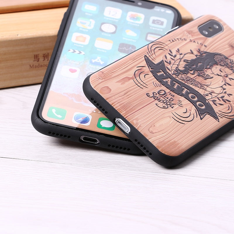 3D Relief Elephone Mermaid Tattoo imitative Wood Phone For iPhone 6 6S 6Plus 7 7Plus 8 8Plus X XS Max Case Cover Capas Fundas
