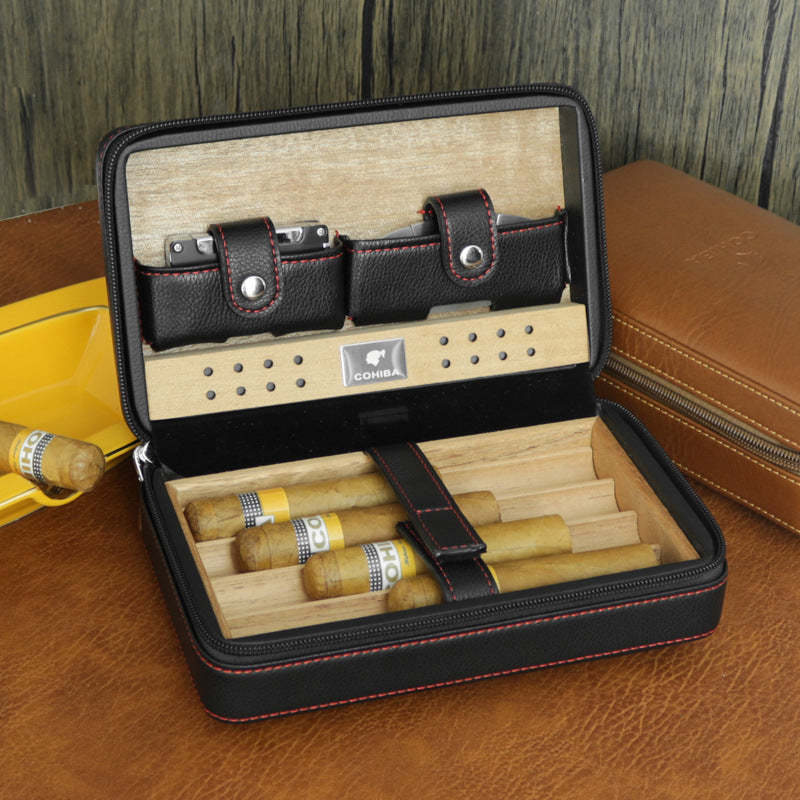 Portable Cigar Box, Cedar Wood Cigar Moisturizing Box, Travel Leather Case, Portable Leather Cigar Humidifying Cigarette Box - Black Single Box