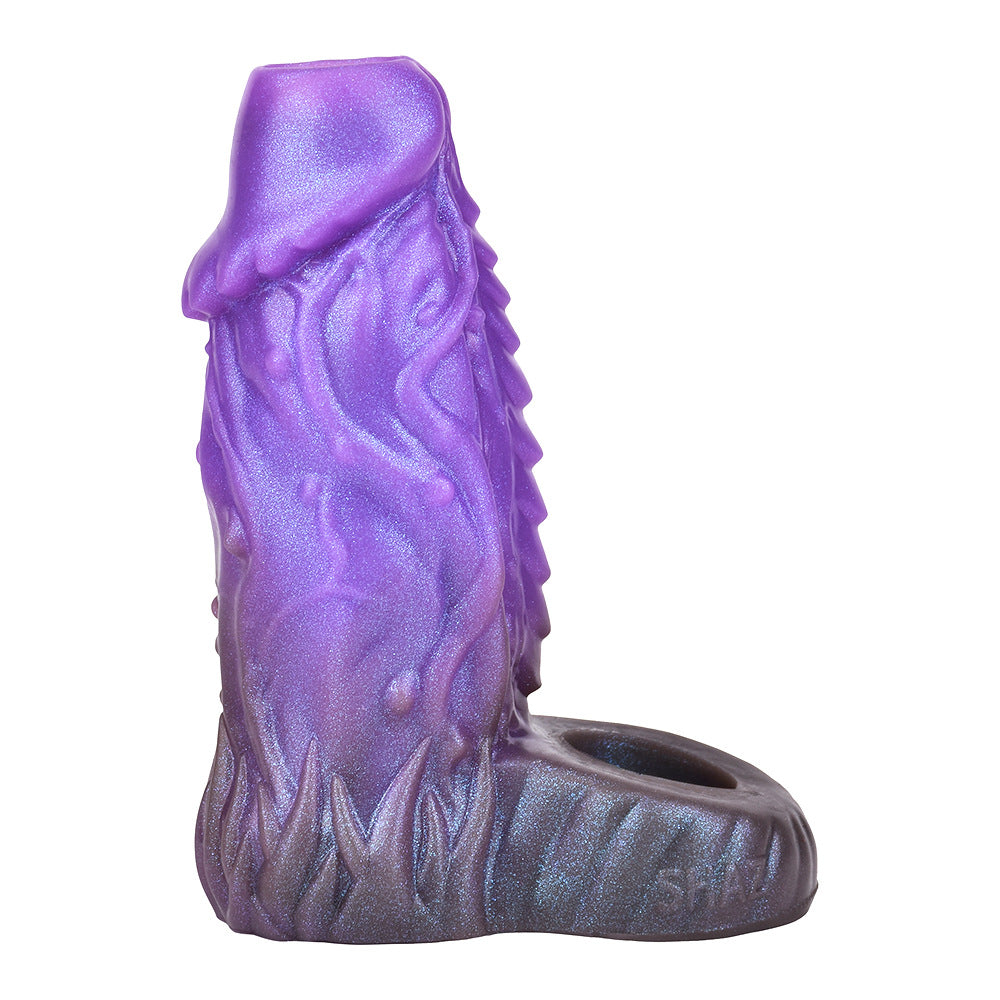 Dog knot hollow penis cover for men wearing masturbator penis thickening silicone wolf tooth cover - Purple Amber