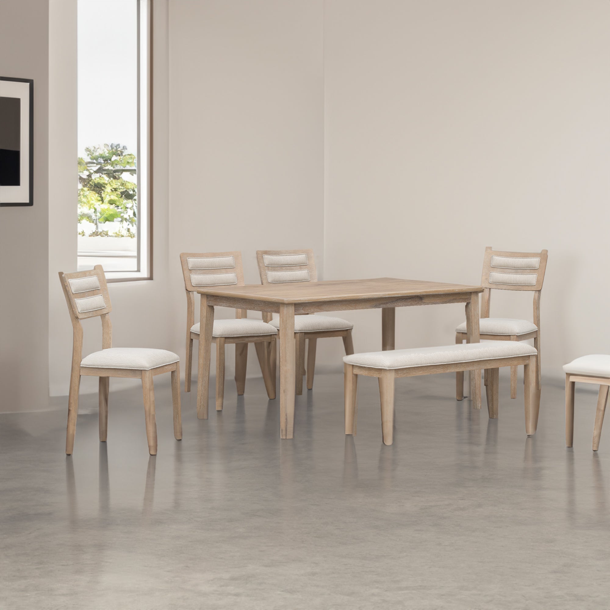 TREXM Classic and Traditional Style 6 - Piece Dining Set, Includes Dining Table, 4 Upholstered Chairs & Bench (Natural Wood Washï¼‰ - Natural Wood Wash + Solid Wood