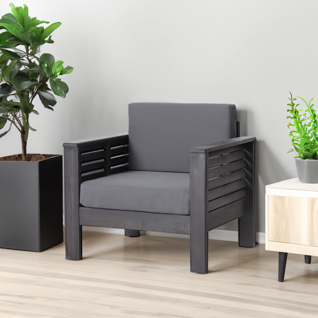 Outdoor Acacia Wood Club Chairs with Cushions, Dark Gray, 27.75"D x 32"W x 27.75"H - Grev + Acacia Wood  +Foam