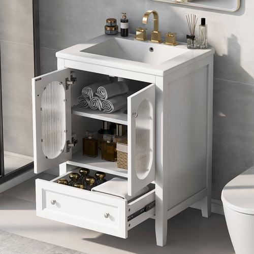 24" Bathroom Vanity with Sink, Bathroom Vanity Cabinet with One Drawer and Doors, Adjustable Shelf, Solid Wood and MDF, White - White