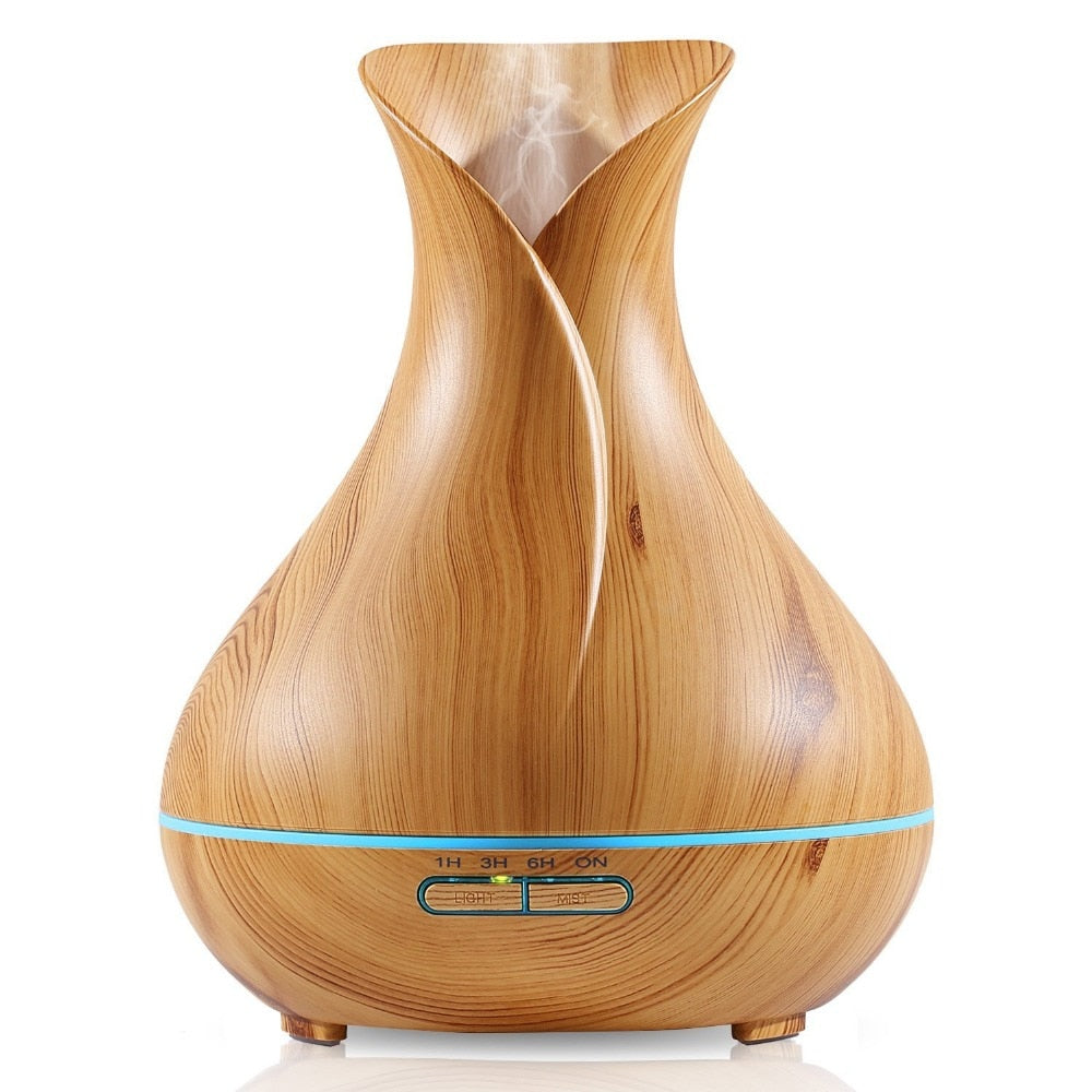Ultrasonic Humidifier Tulip Vase Style 14W 400ML Wood Grain Cool-Mist Aromatherapy Essential Oil Diffuser - UK Plug