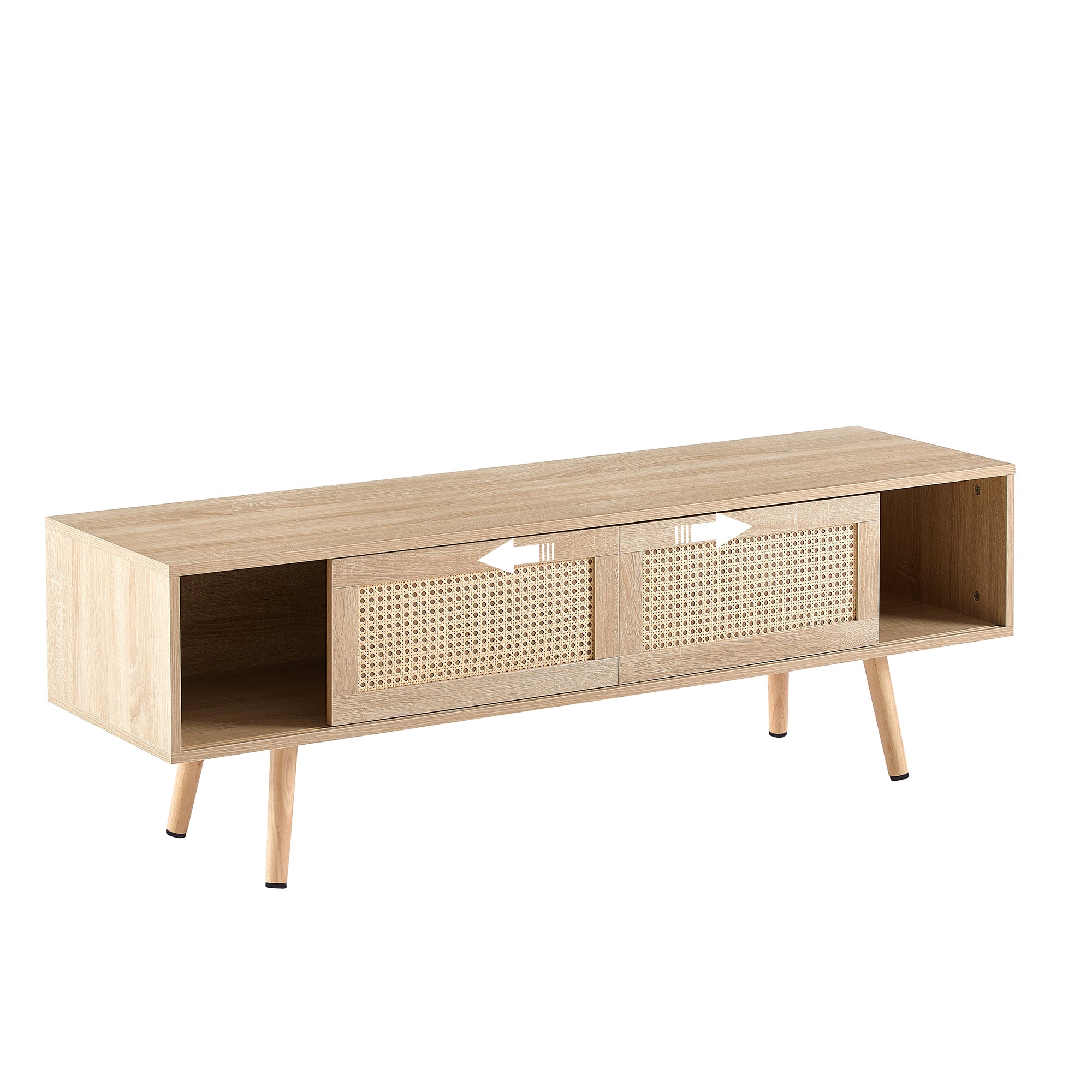 55.12" Rattan TV cabinet double sliding doors for storage adjustable shelf solid wood legs TV console for living room natural