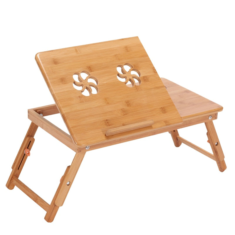 Ergonomics Adjustable Laptop Desk with USB Cooling Fan for Lap Table Bamboo Foldable Breakfast Serving Bed Tray Cozy Yellow - Wood color