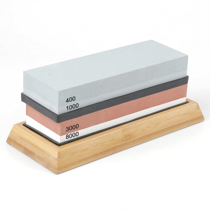 Kitchen Dual-Sided Whetstone Sharpener Set with Bamboo Base 400/1000 and 3000/8000 Grit Oil Stones