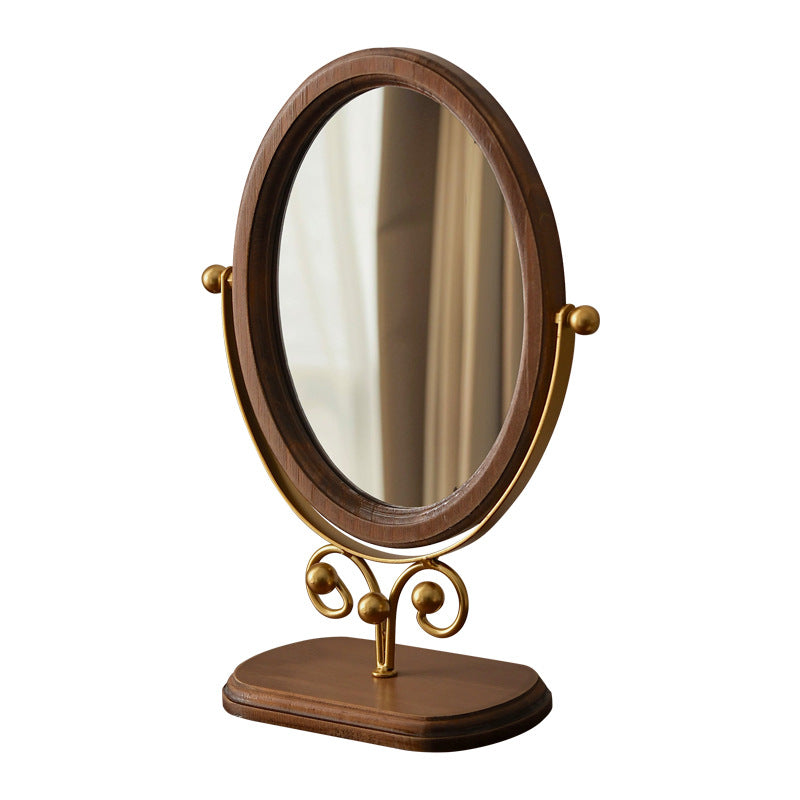 Bedroom Vintage Tabletop Mirror, Solid Wood Makeup Mirror, Household Desktop Wooden Chinese-Style Upright Rotatable Dressing Mirror