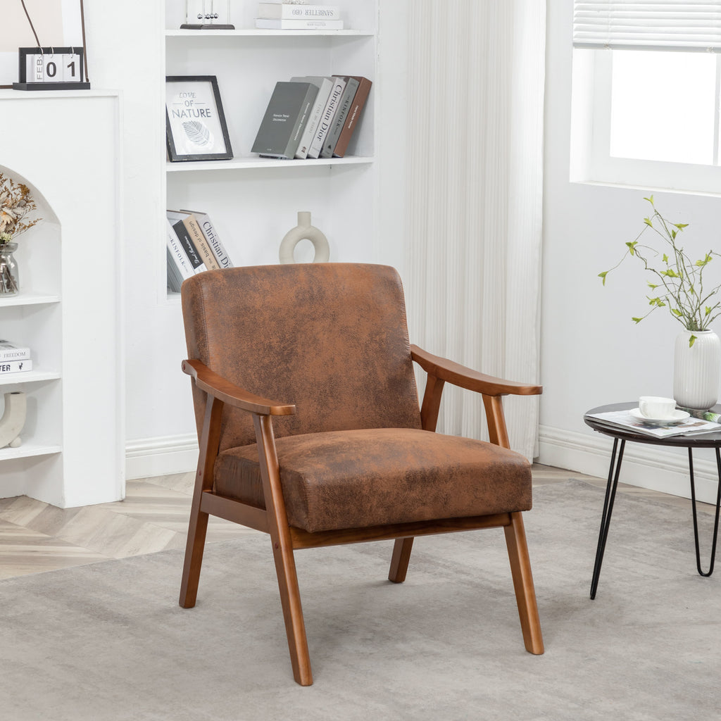 Medieval modern chair, solid wood frame living room chair, accent chair with ultra thick backrest - Brown + Fabric + Foam