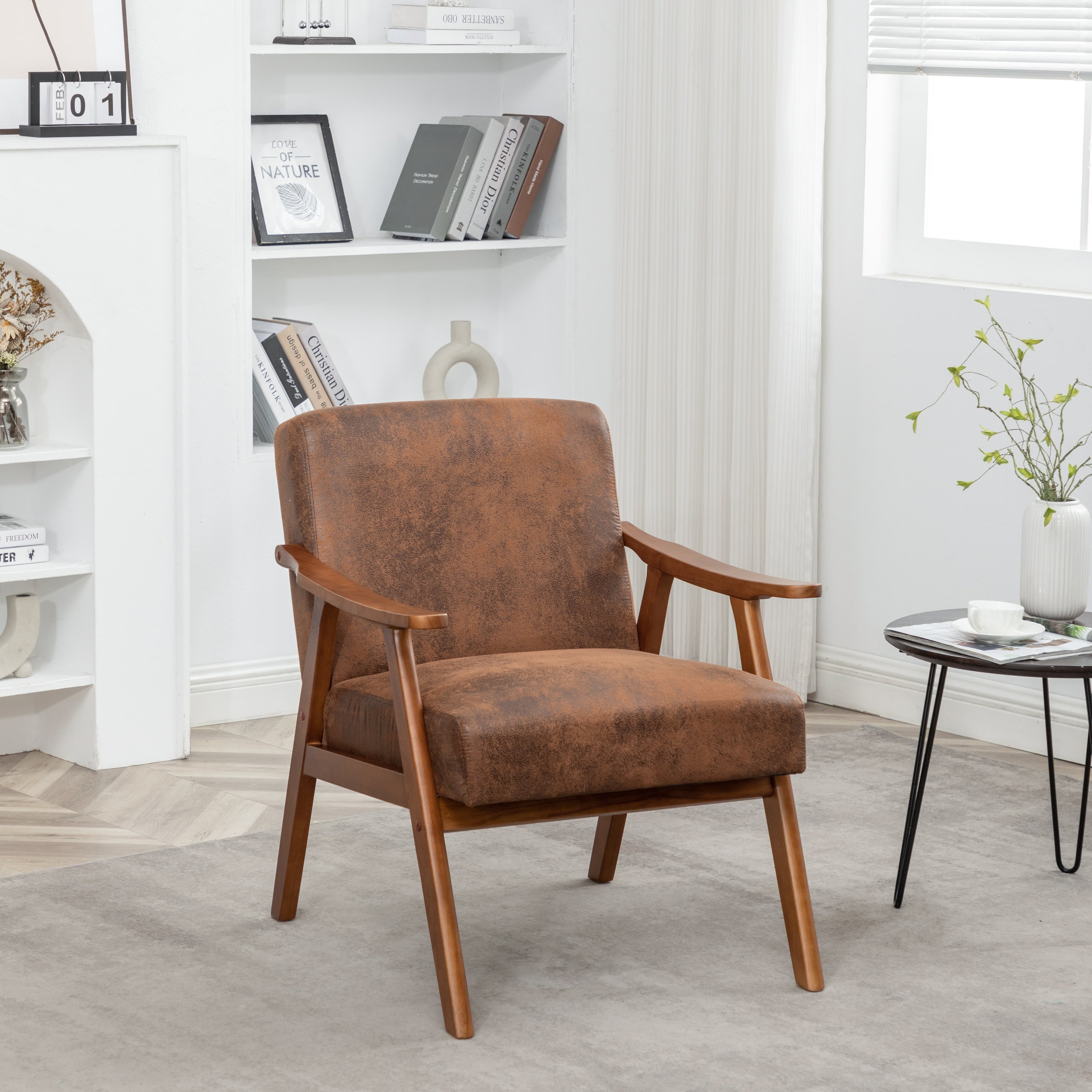 Medieval modern chair, solid wood frame living room chair, accent chair with ultra thick backrest - Brown + Fabric + Foam