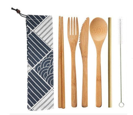 6Pcs/set Japanese Wooden Dinnerware Set Cutlery Set Bamboo Fork Knife With Cloth Bag Kitchen Tools picnic travel camping outdoor - Title