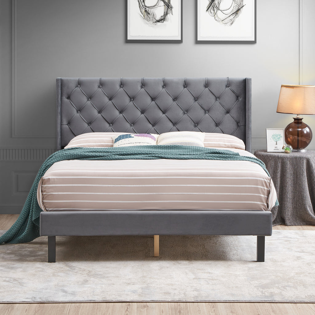 Velvet Button Tufted-Upholstered Bed with Wings Design - Strong Wood Slat Support - Easy Assembly - Gray Queen platform bed - Gray + Velvet