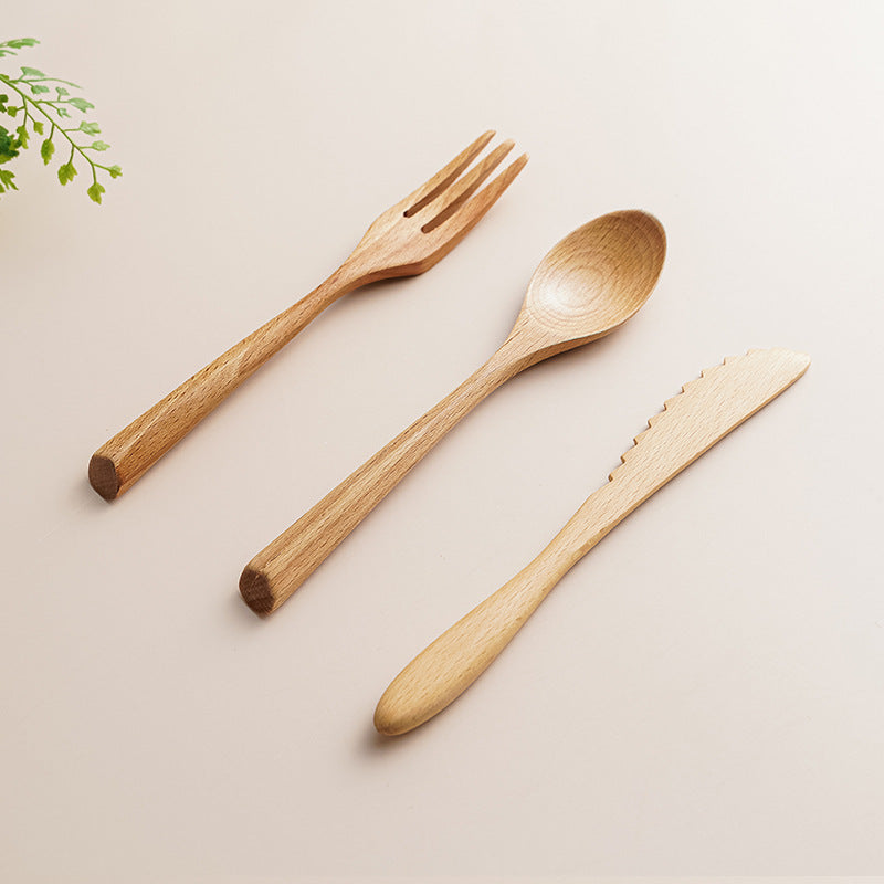 Creative Wooden Tableware, Beech Wood Knife, Fork, Spoon, Three Piece Set Of Solid Wood Natural Color Small Wooden Knife Set