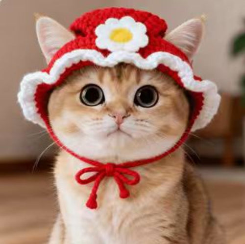 Adorable Red Knitted Sunflower Hat for Cats - New Year Edition - Red