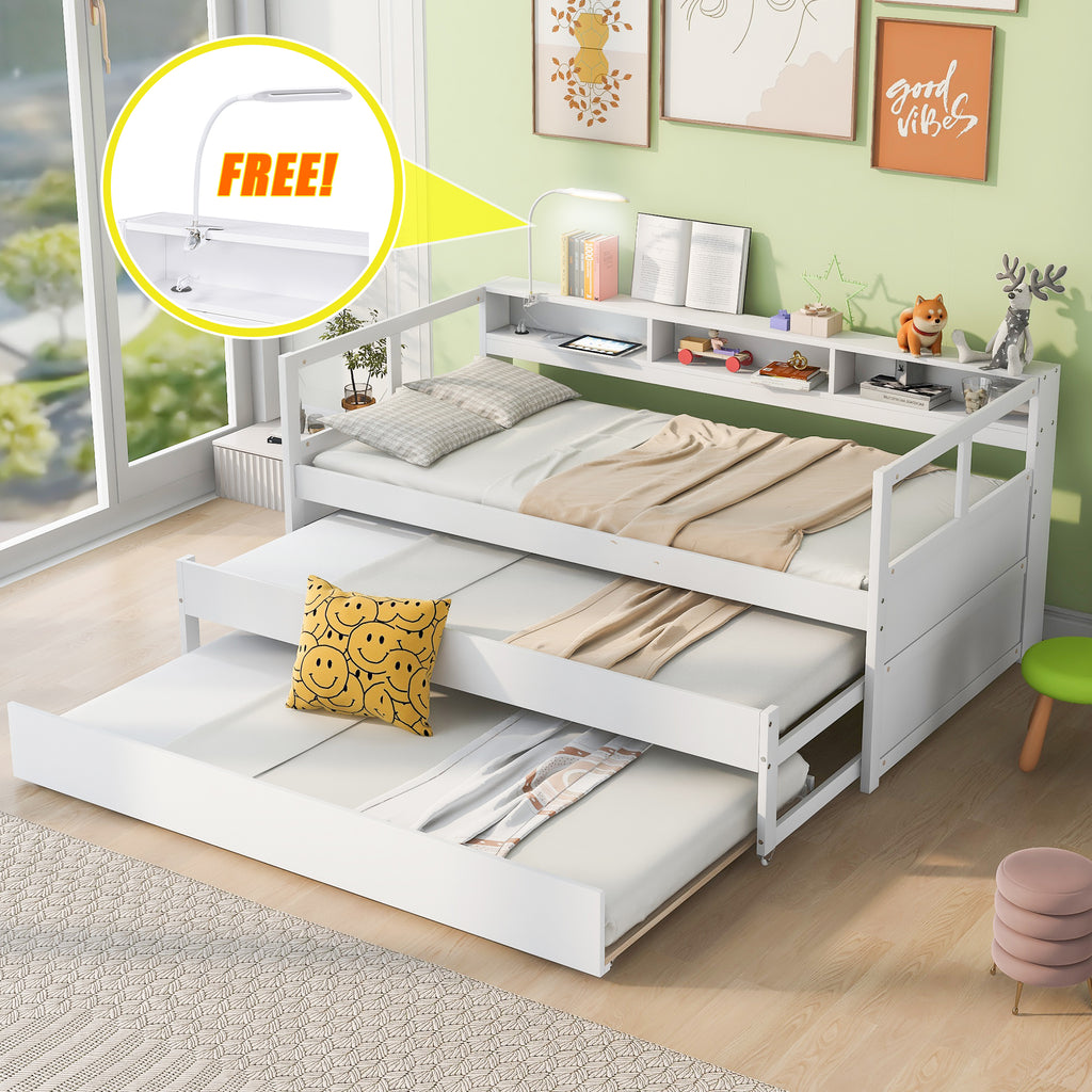 Twin XL Wood Daybed with 2 Trundles, 3 Storage Cubbies, 1 Light for Free and USB Charging Design, White - Gray + Solid Wood