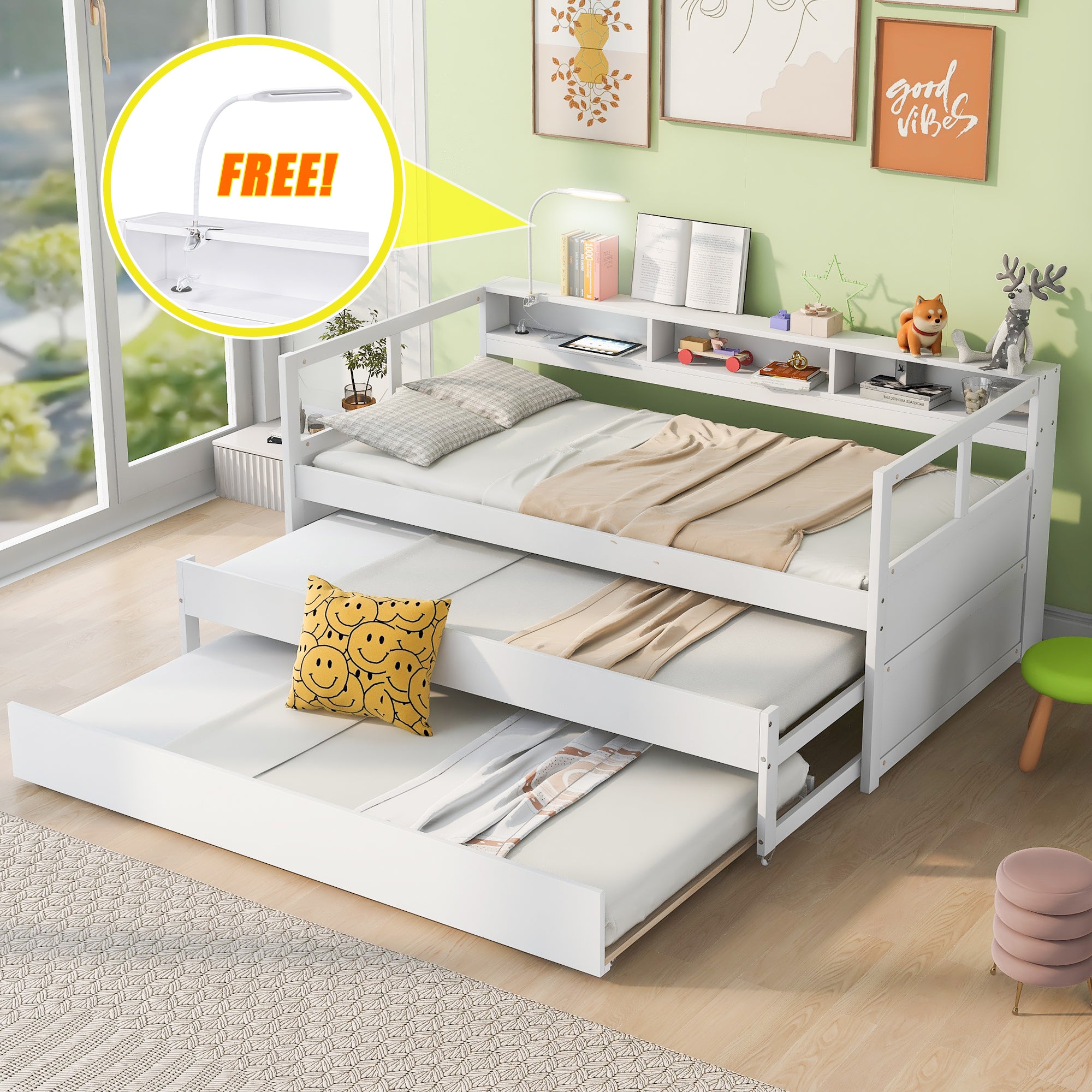 Twin XL Wood Daybed with 2 Trundles, 3 Storage Cubbies, 1 Light for Free and USB Charging Design, White - Gray + Solid Wood