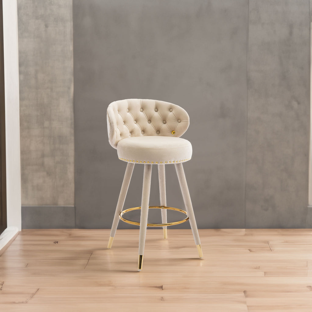 COOLMORE Counter Height Bar Stools Set of 2 for Kitchen Counter Solid Wood Legs with a fixed height of 360 degrees Beige - Beige + Velvet