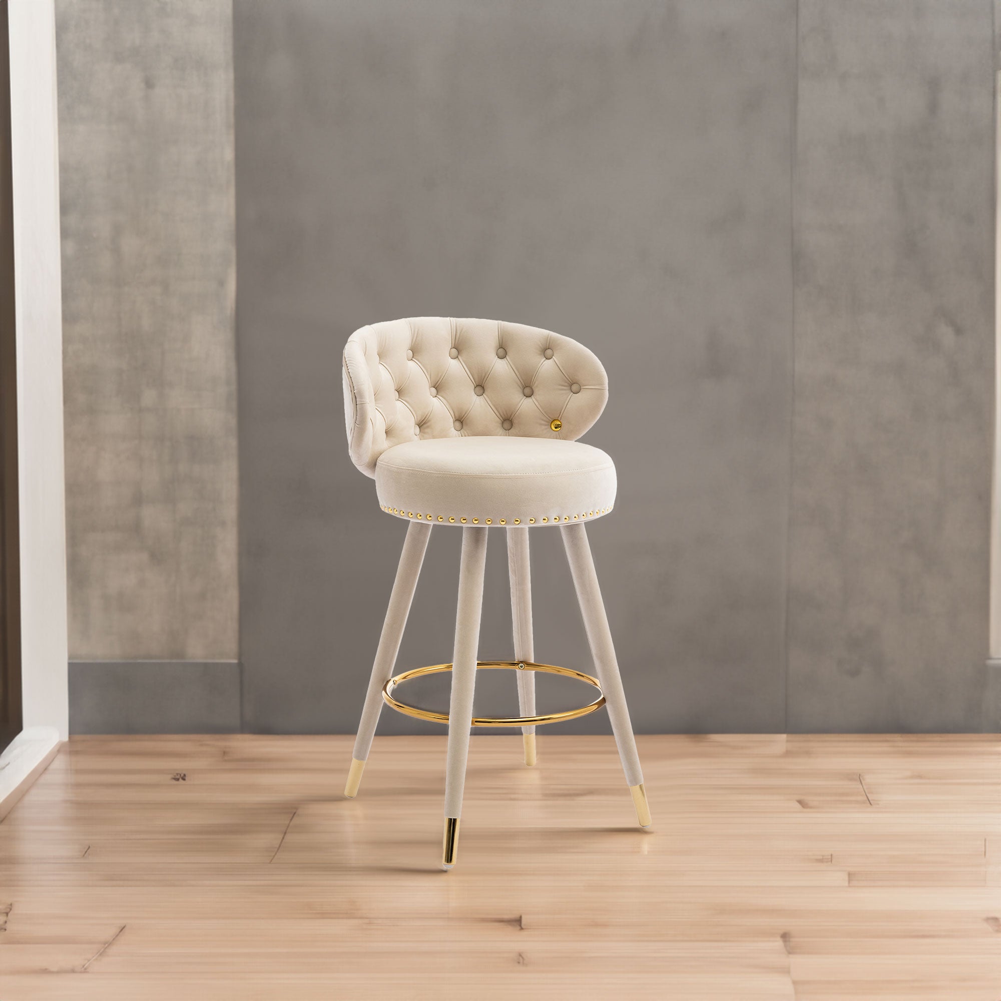COOLMORE Counter Height Bar Stools Set of 2 for Kitchen Counter Solid Wood Legs with a fixed height of 360 degrees Beige - Beige + Velvet