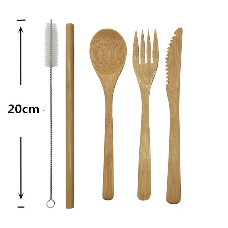 6Pcs/set Japanese Wooden Dinnerware Set Cutlery Set Bamboo Fork Knife With Cloth Bag Kitchen Tools picnic travel camping outdoor