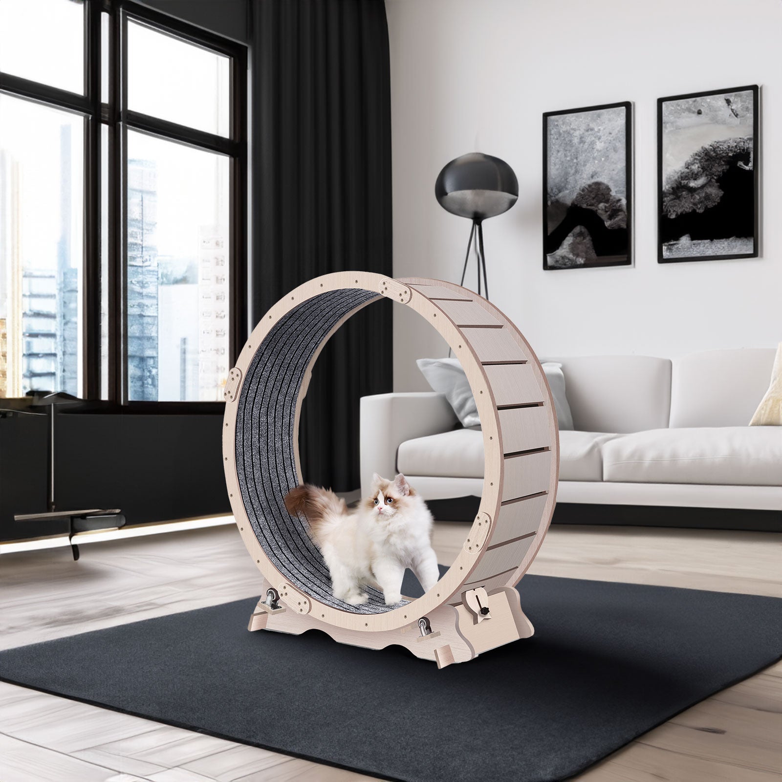 Cat Exercise Wheel for Indoor Cats, Cat Running Wheel with Carpeted Runway, 41" Natural Wood Color - Wood+Wood