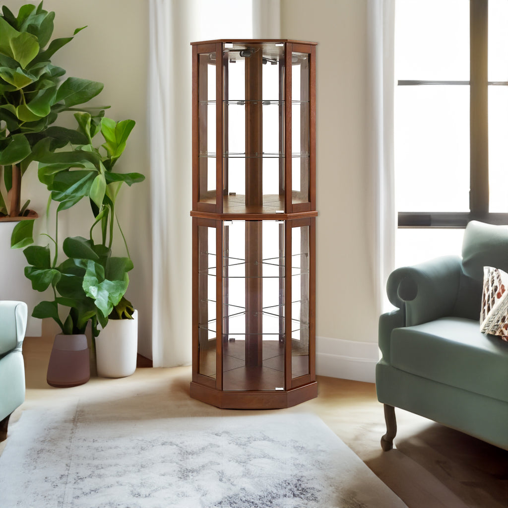 6 shelves corner Curio display cabinet with light mirror and adjustable shelves, walnut wood (excluding E26 light bulbs) - Walnut ï¼‹MDF