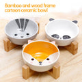Double Ear Cartoon Ceramic Pet Bowl Bamboo Wooden Frame Matching Neck Bowl Dog Bowl Ceramic Cat Bowl - Gray Cat (Bowl + Rack)