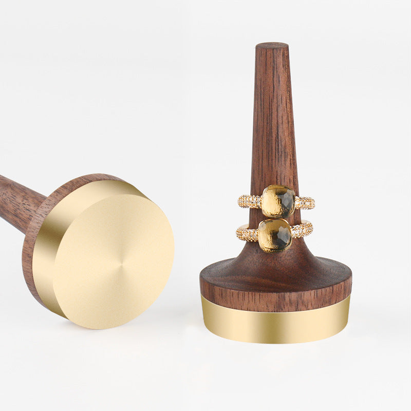 Wooden Walnut &amp; Brass Ring Display Stand, Solid Wood Ring Rack, Custom Logo Printing, Modern Minimalist Style