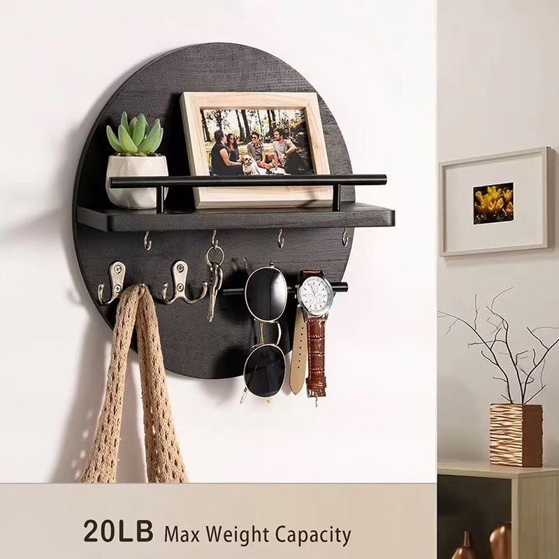 Wall Mounted Retro Wooden Shelf Round Floating Shelf Storage Rack Solid Wood Entryway Decorative Rack Hallway Key Holder