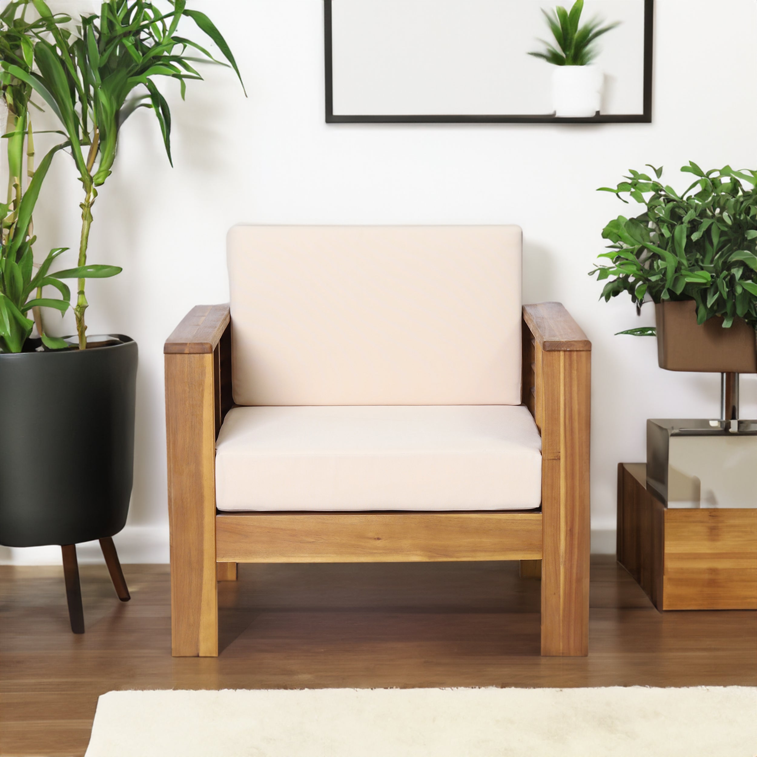 Outdoor Acacia Wood Club Chairs with Cushions, Teak+Beige, 27.75"D x 32"W x 27.75"H - Brown + Beige Acacia Wood+ Foam