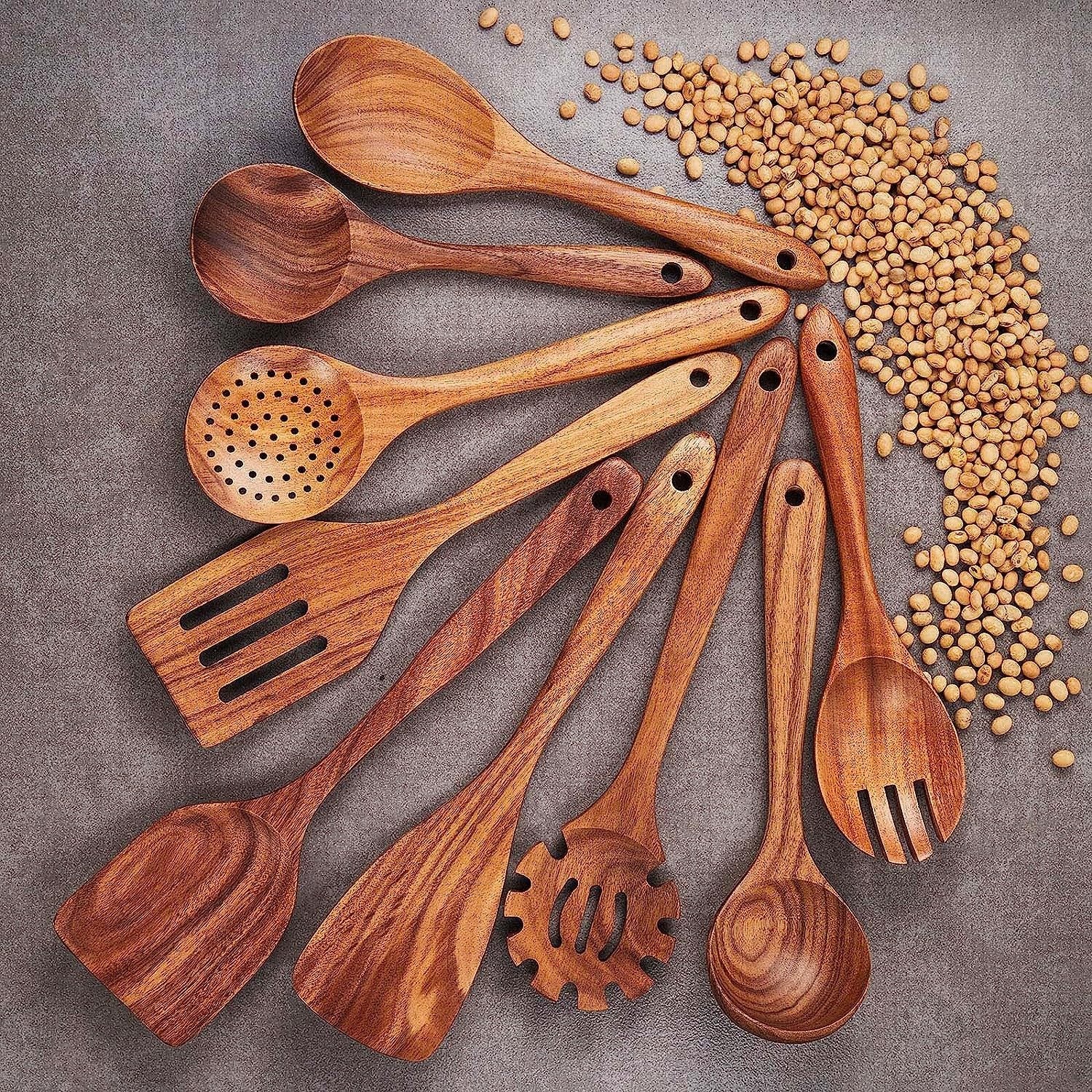 Teak wood solid wood heat-resistant soup spoon, rice spoon, household set cooking shovel spoon - Nine piece set -2