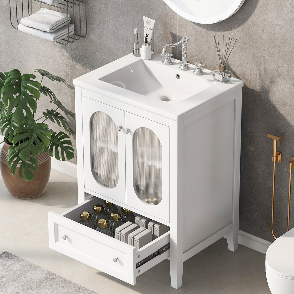 24" Bathroom Vanity with Sink, Bathroom Vanity Cabinet with One Drawer and Doors, Adjustable Shelf, Solid Wood and MDF, White