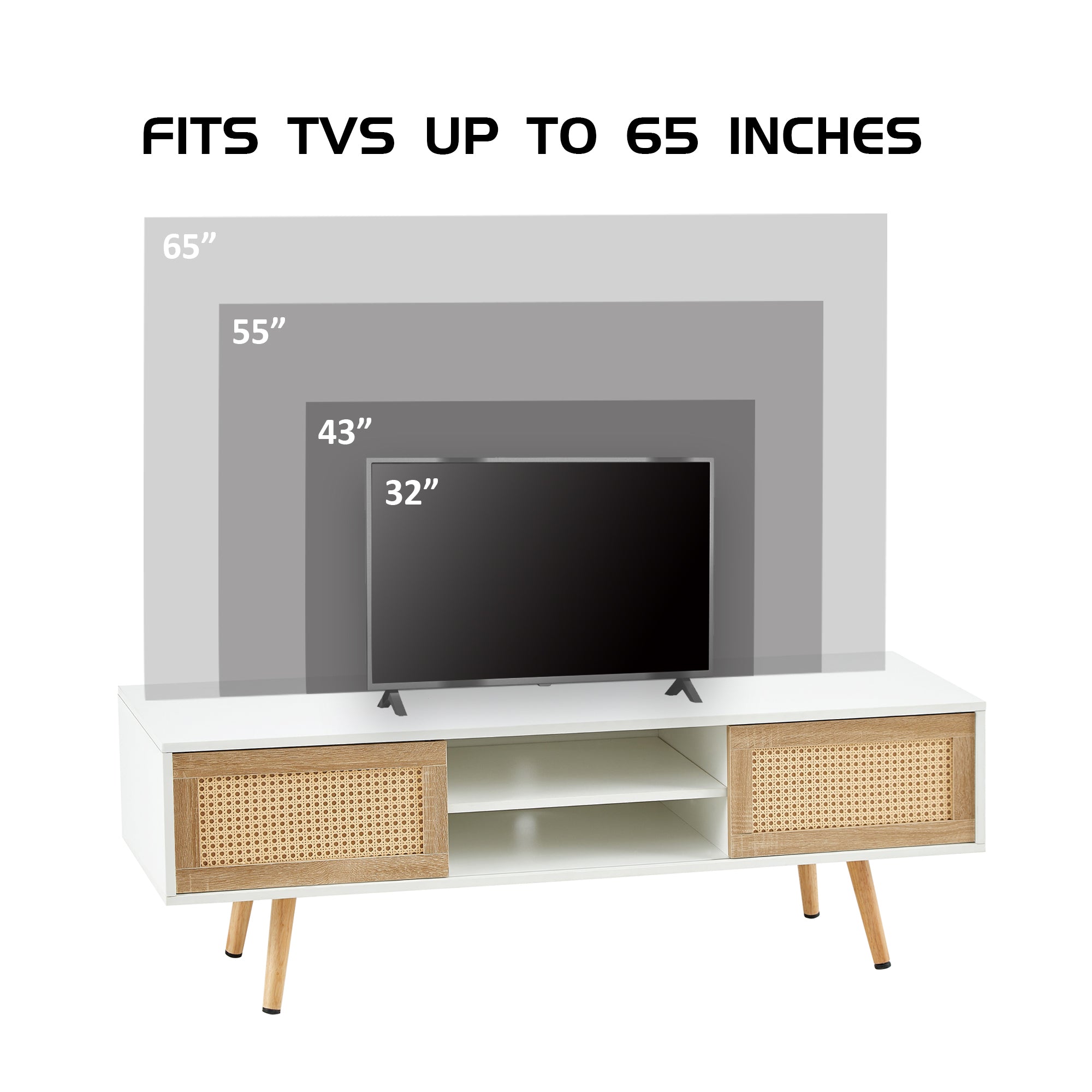 55.12" Rattan TV cabinet double sliding doors for storage adjustable shelf solid wood legs TV console for living room  White