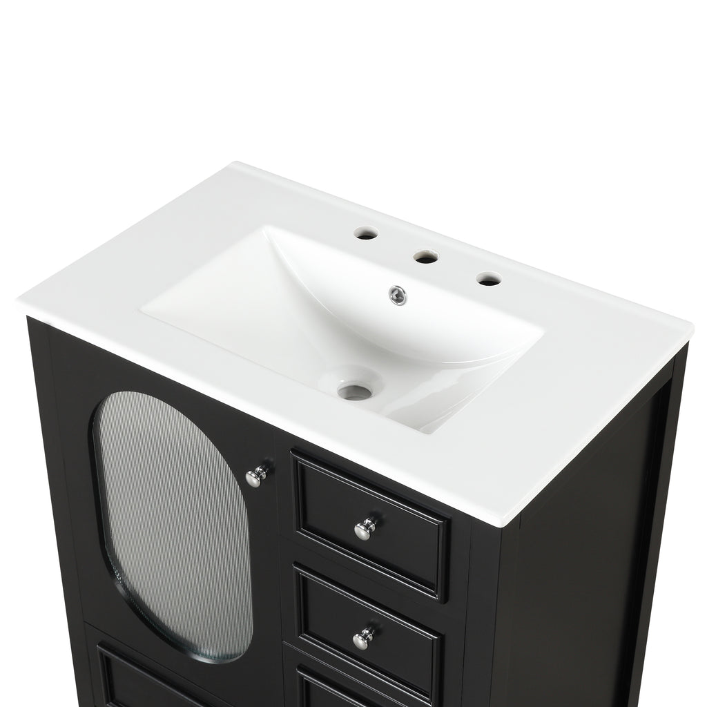 30" Bathroom Vanity with Sink, Bathroom Vanity Cabinet with Three Drawers and Door, Solid Wood and MDF, Black