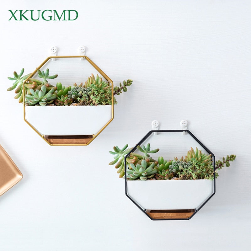 Metal Iron Rack White Ceramic Planter Pot Simple Octagonal Geometric Wall Hanging Ceramic Flower Pot Bamboo Tray Iron Frame - B