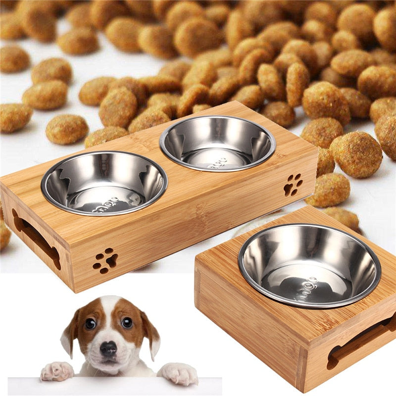 Double Single Dog Bowls for Pet Puppy Stainless Steel Bamboo Rack Food Water Bowl Feeder Pet Cats Feeding Dishes Dogs Drink Bowl - Single