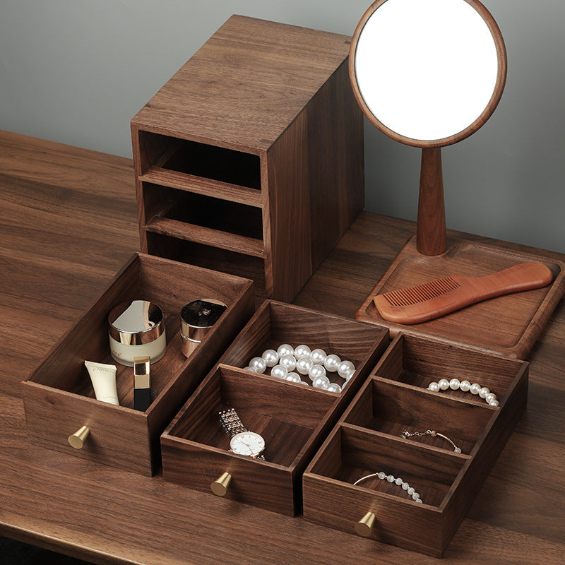 Solid wood drawer desktop storage box black walnut small wooden cabinet