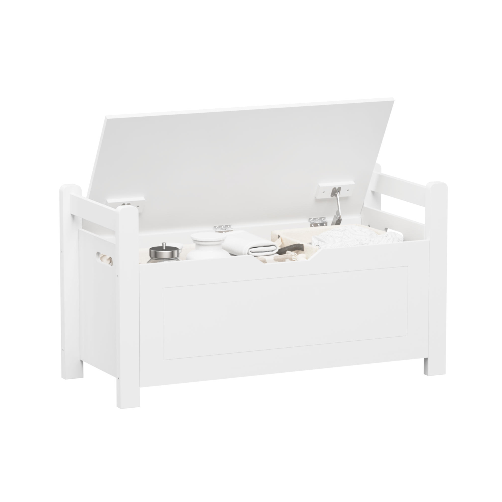 A white rubber wood children's toy box with soft cushioned seats, stools, flip covers, and safety hinges for toy storage