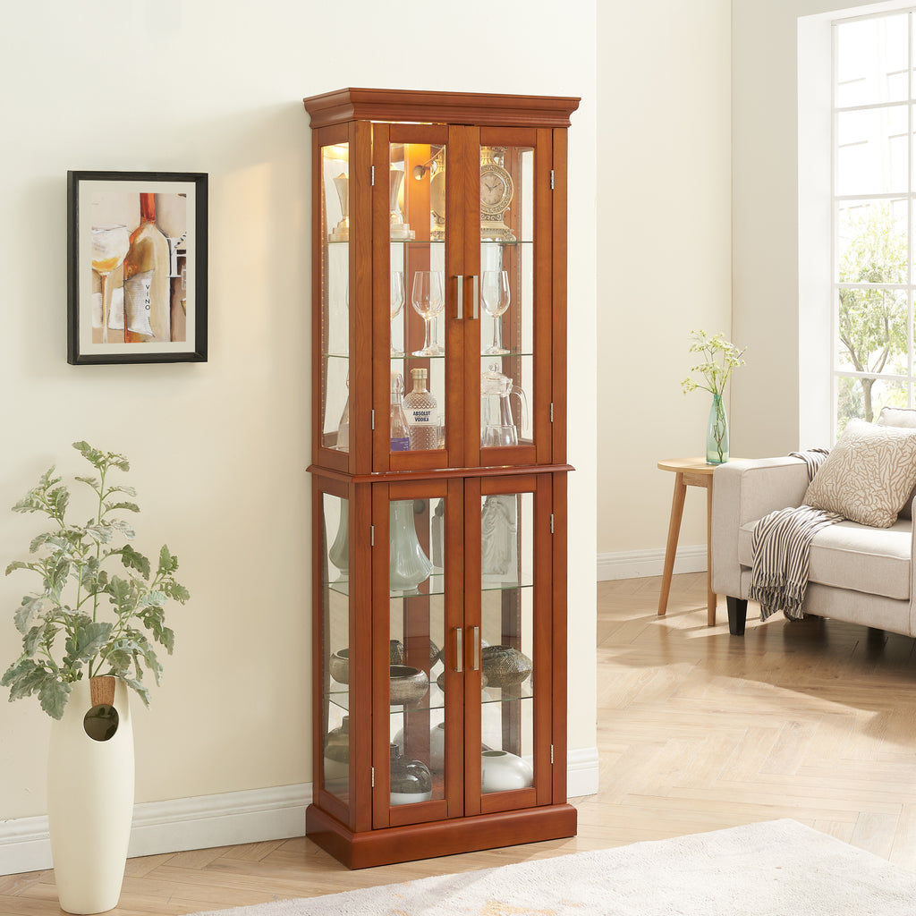 Lighting Curio Diapali cabinet with adjustable shelves, mirror back panel, tempered glass door (without light bulb), walnut wood - Walnut ï¼‹MDF