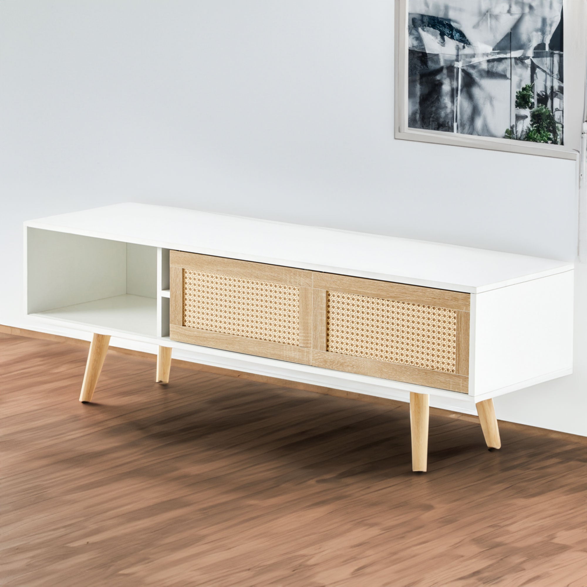 55.12" Rattan TV cabinet double sliding doors for storage adjustable shelf solid wood legs TV console for living room White - White + Solid Wood+MDF