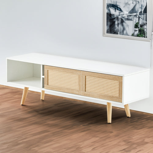 55.12" Rattan TV cabinet double sliding doors for storage adjustable shelf solid wood legs TV console for living room White - White + Solid Wood+MDF